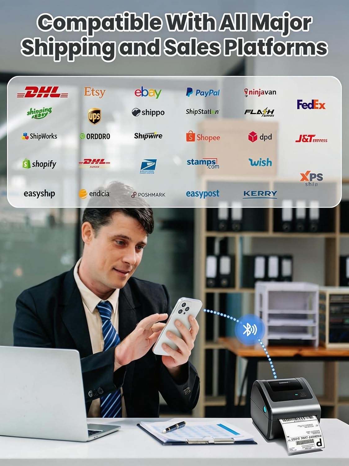 Phomemo Bluetooth Etikettendrucker DHL, D450BT Versandetiketten Drucker Wird mit 3 Rollen à 250 Etiketten im Format 4 x 6 Zoll, Labeldrucker Kompatibel mit Amazon, DHL, Vinted, Etsy, UPS, FedEx, DPD