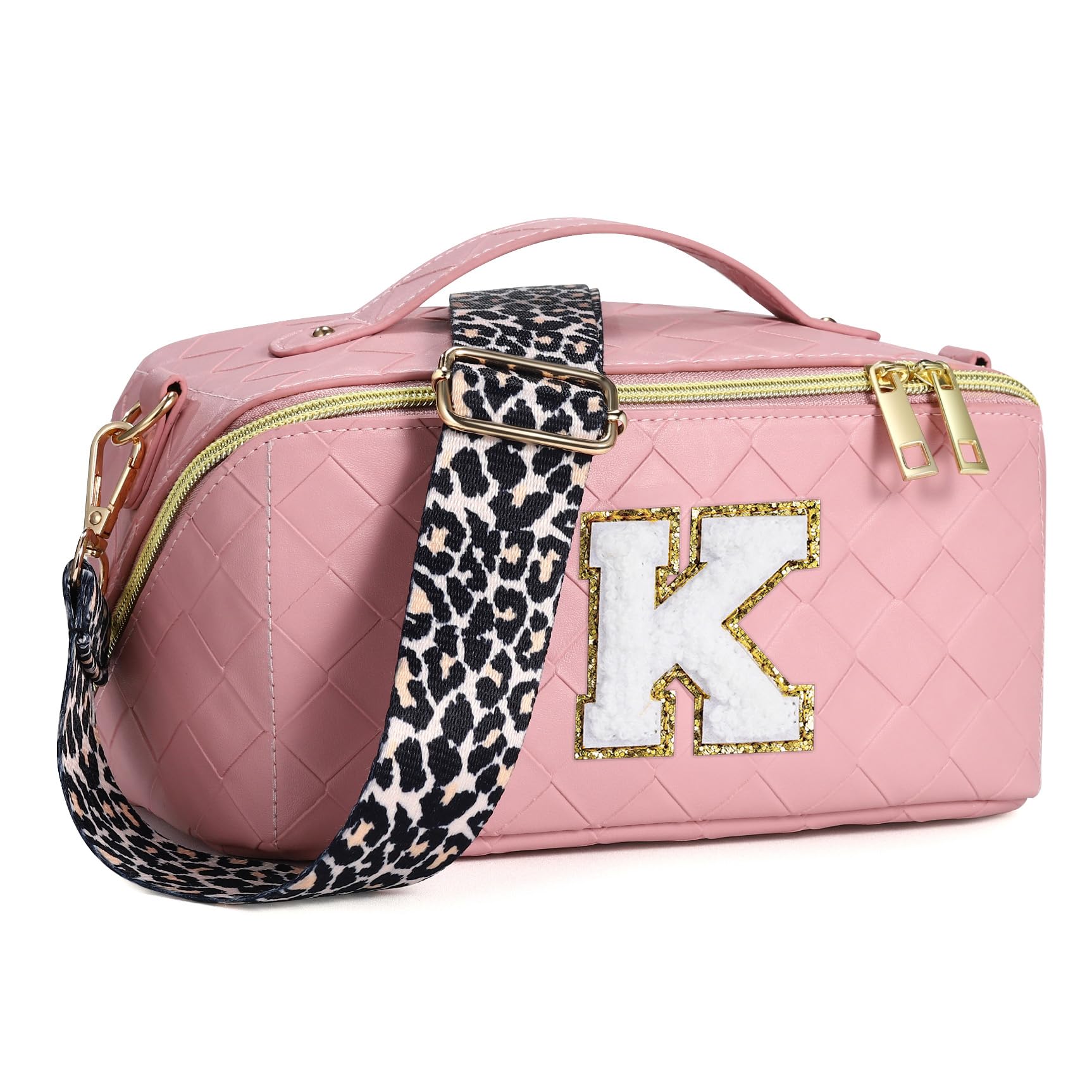 Personalized Large Makeup Travel Bag - Initial Pink Lay Flat Makeup Pouch Cosmetic Travel Bag Strap Toiletry Bag Birthday Gifts for Women Personalized Bridesmaid Gifts for Wedding Day K