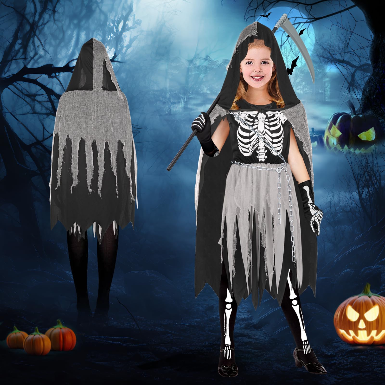 Grim Reaper Costume Kids Girls Skeleton Costume Kids 8-9 9-10 Years Halloween Grim Reaper Robe Death Costume Skeleton Dress Girls Grim Reaper Cloak Black Halloween Scythe Grim Reaper Gloves Skeleton - Image 2