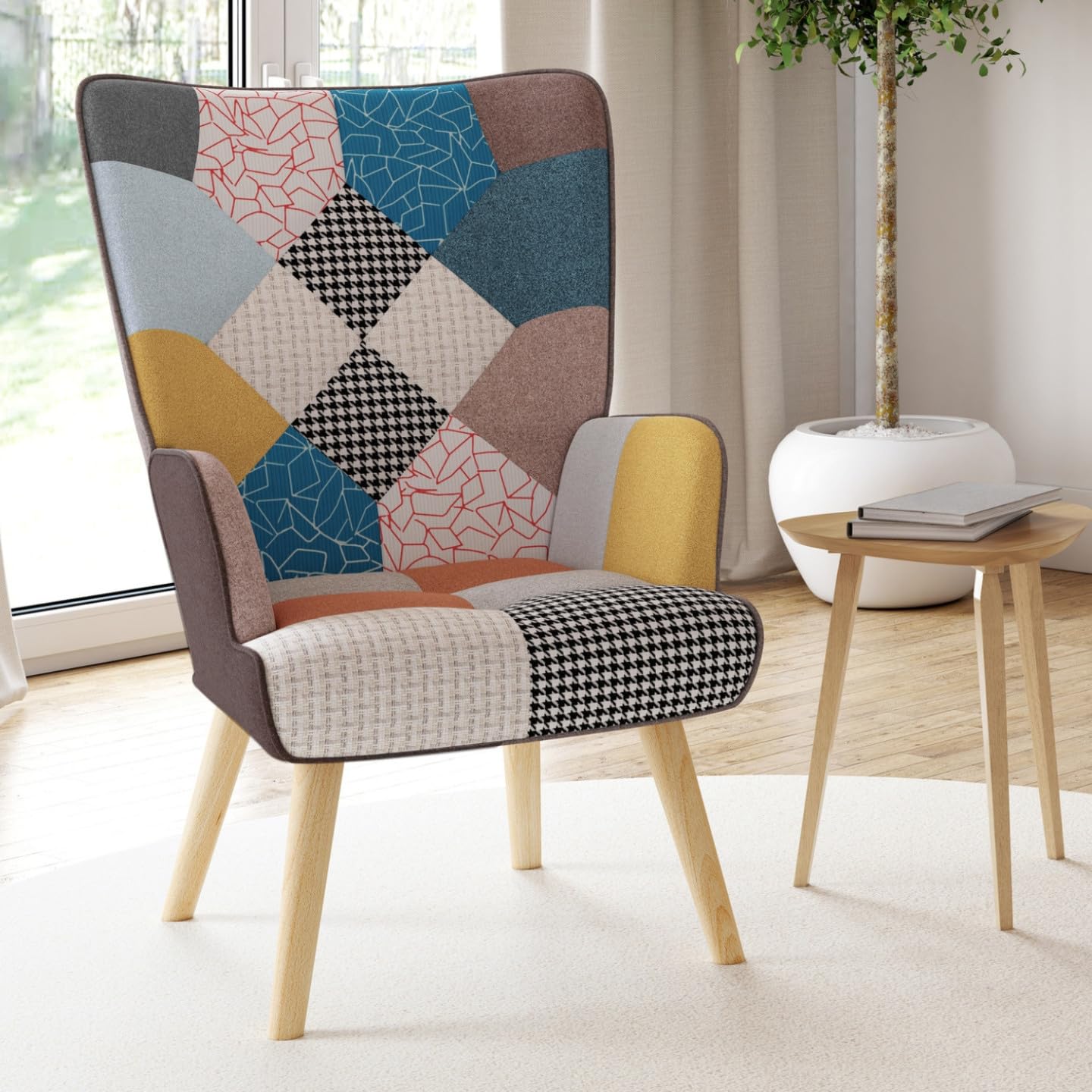 IDMarket - Silla escandinava IVAR en tejido de patchwork multicolor