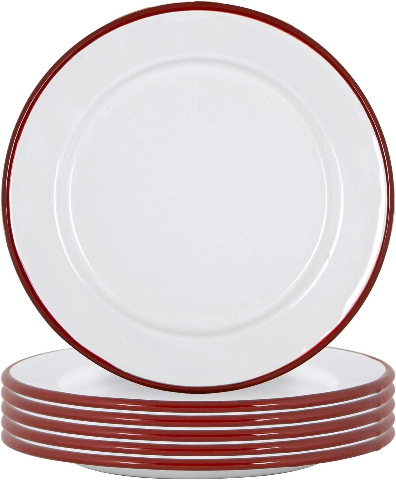 Argon Tableware Enamel Side Plates - 20cm (8inch) - Red - Set of 6 Small Dish Coloured Rim Dessert Plates Metal Enamel Tableware Dinner Set for Kitchen, Dining, Serving, Camping & Outdoor Use