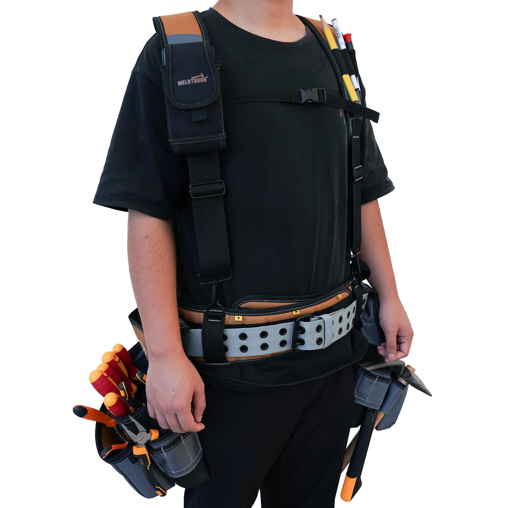 MELOTOUGH Ceinture à Outils Avec Bretelles, Sac et Pochette de Construction, Tablier Pour Charpentier et Électricien, Plate-forme de Suspension Robuste
