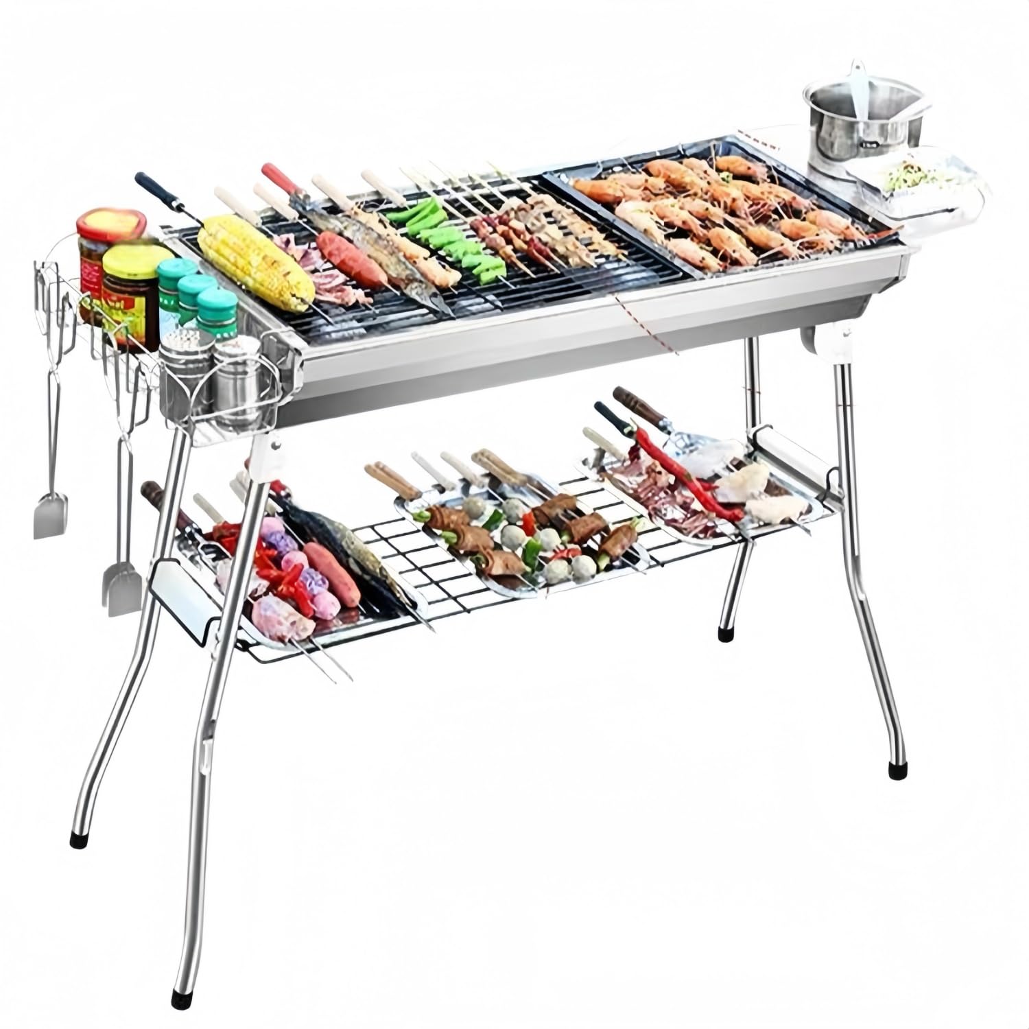 Składany grill BBQ ze stali nierdzewnej, przenośny z torbą do przechowywania, boczną półką, stojakiem na przyprawy i wiszącymi koszami, do gotowania na kempingu, w ogrodzie, na plaży i w domu