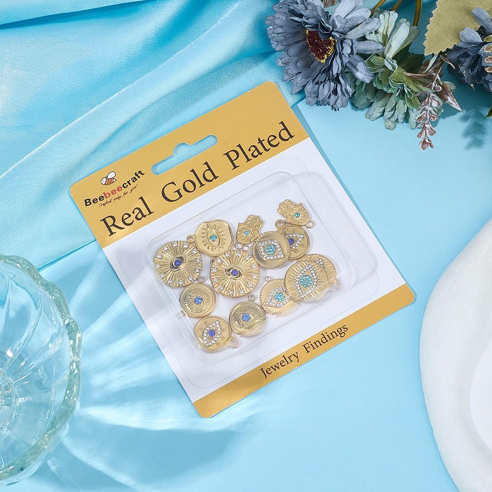 Beebeecraft 14Pcs 7 Styles Evil Eye Charms 18K Gold Plated 304 Stainless Steel Round Hand Rectangle Shape Evil Eye Charm for Jewelry Making DIY Crafts Necklace - Image 6