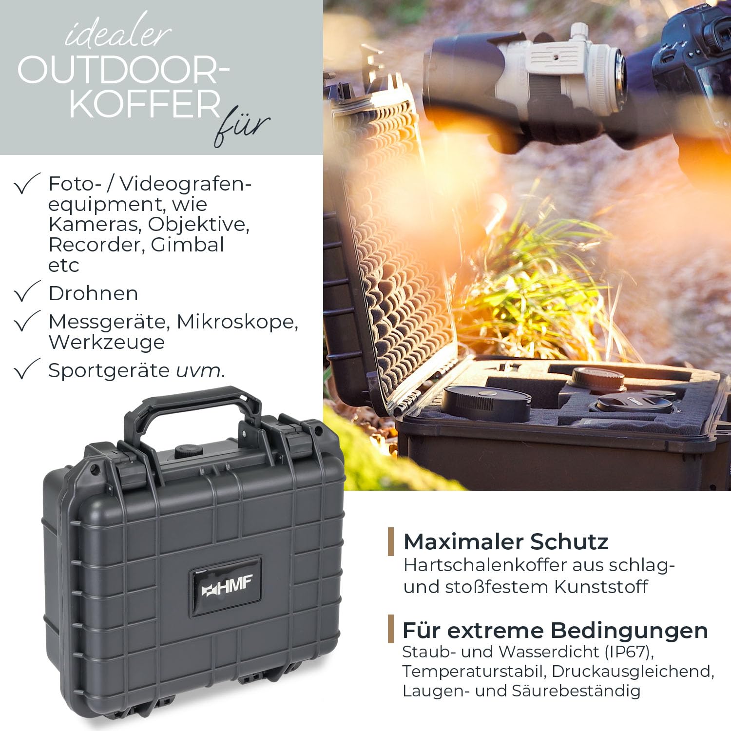 HMF ODK100 Outdoor-Fotokoffer, Transportkoffer mit Rasterschaumstoff | 27 x 24,5 x 13 cm