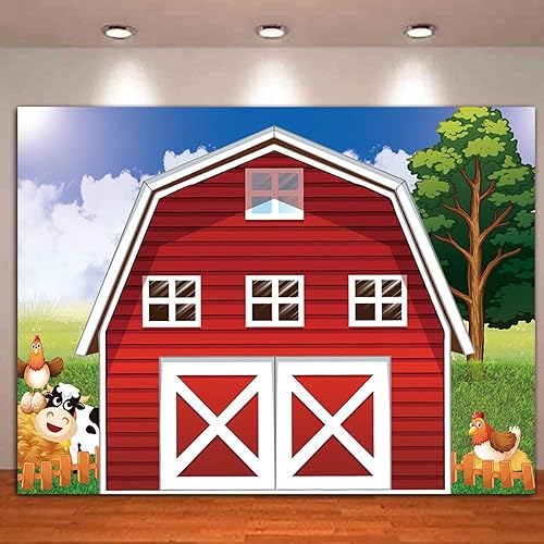 Miniatura 5 de Fondo de fotografía de granja de animales de dibujos animados de 7 x 5 pies, fondo de fotos de granja rústico rojo para baby shower, recién nacidos,