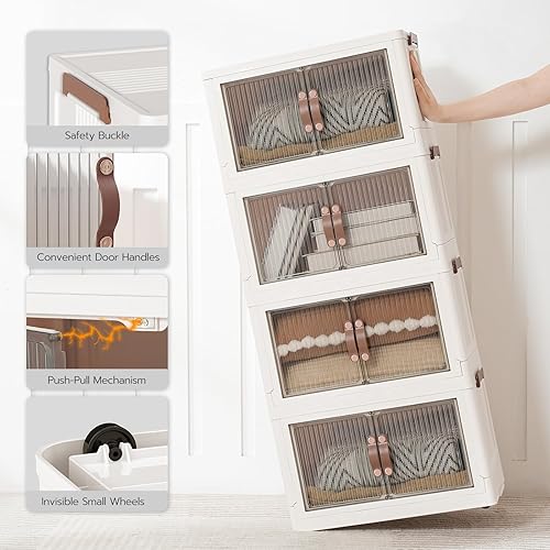 Miniatura 8 de HOOBRO Contenedores de almacenamiento de plástico de 11 galones con tapas, 4 paquetes de contenedores plegables apilables con puertas y ruedas,