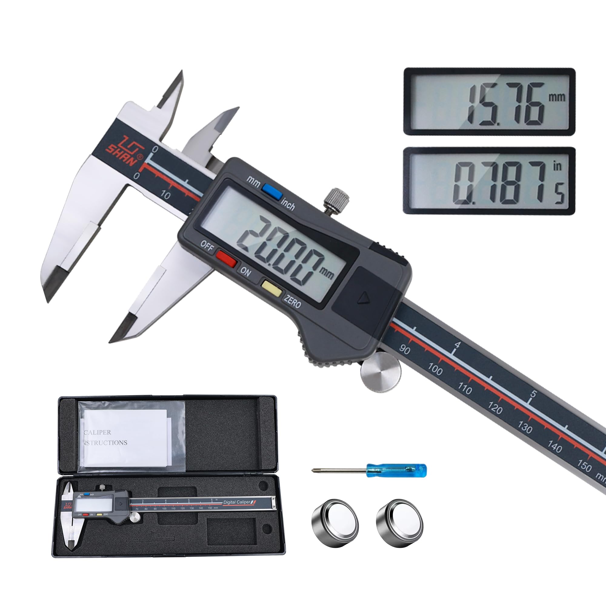 Suwmiarka cyfrowa, suwmiarka cyfrowa ze stali nierdzewnej 0-6 cali/150 mm z dużym ekranem, łatwa zmiana z cali na ułamki metryczne, wyposażona w port wyjściowy danych