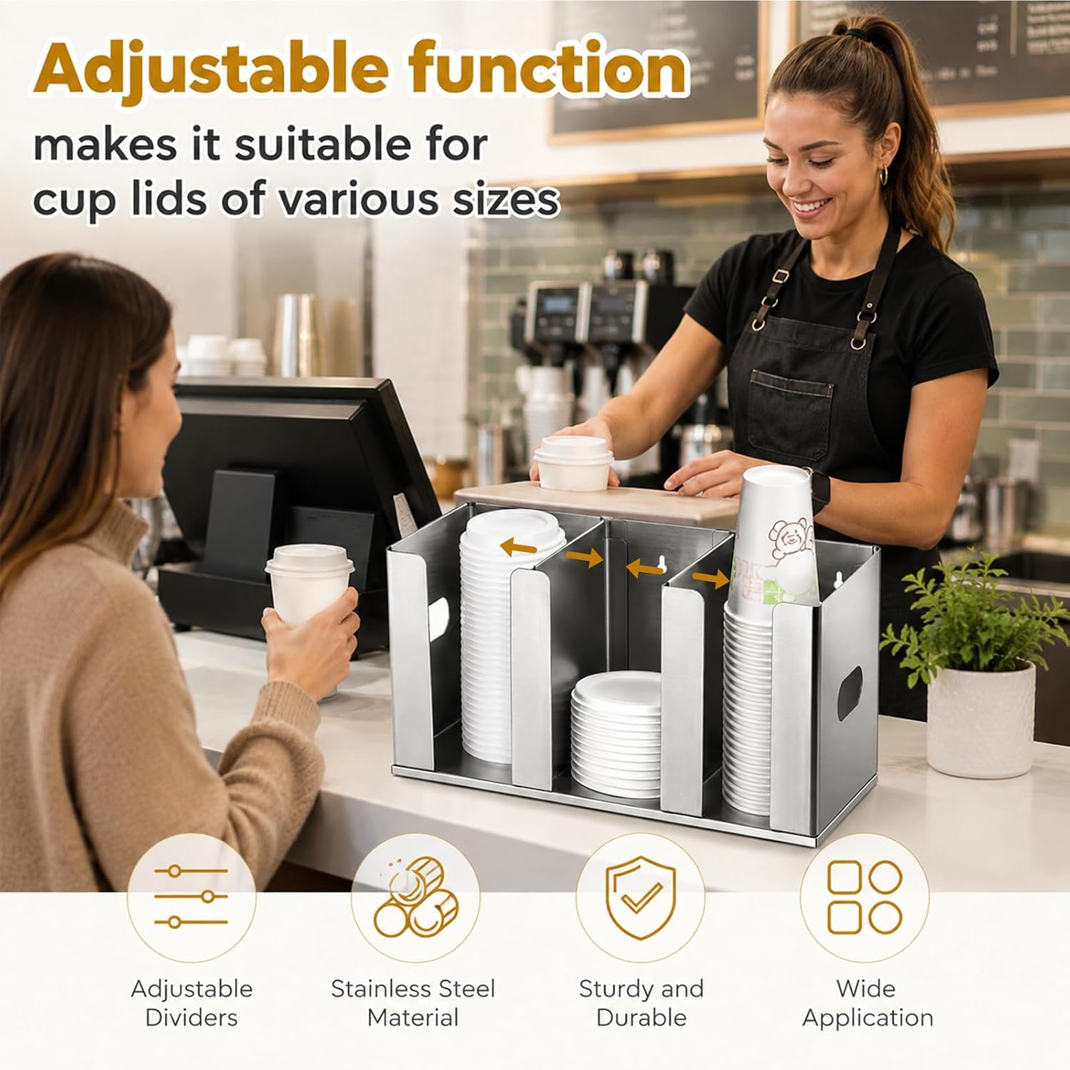 Stainless Steel Cup Dispenser, 3 Compartments Cup Holder and Lid Holder with Adjustable Dividers, Cup Organizer, Straw Holder for Kitchen Cabinets Cafe Shop Restaurant, 14.6"x 4.3"x6.7"