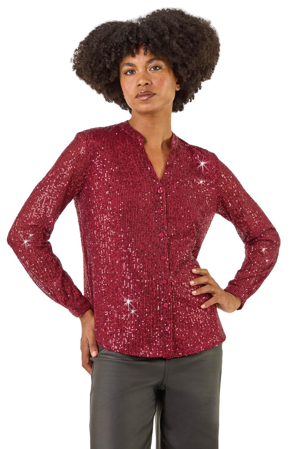 Roman Women's Embellished Sequin Stretch Blouse in Dark Red | Size: 18