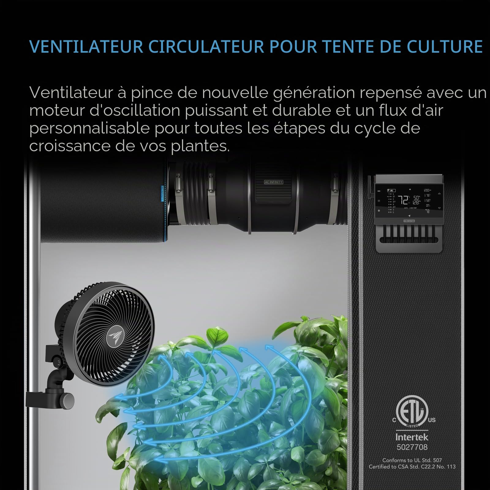 AC Infinity CLOUDRAY S6, ventilateur de tente de culture, 15,2 cm, avec 10 vitesses, moteur EC, IP-44, refroidissement de circulation hydroponique silencieuse, noir, oscillation automatique (AC-CCS6)