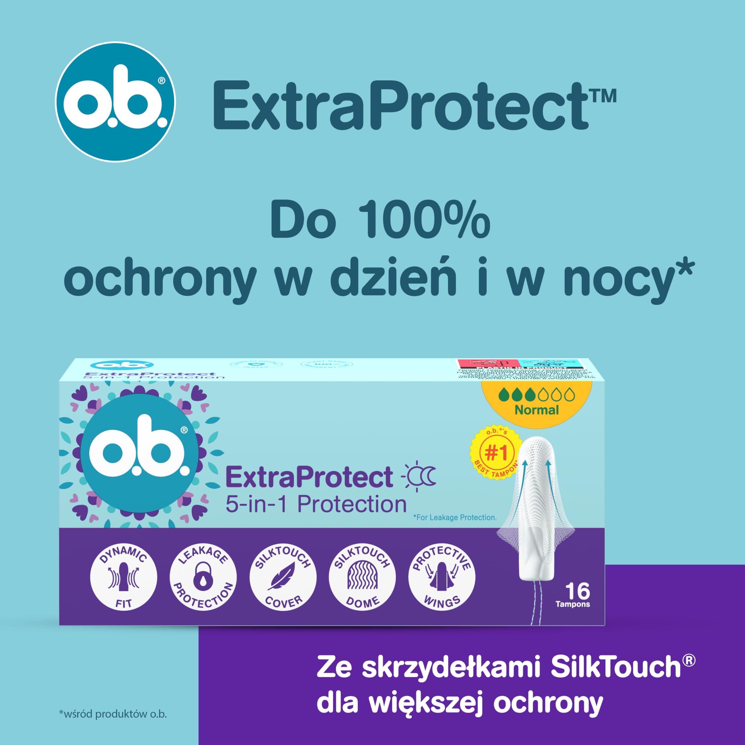 o.b. ExtraProtect Super Plus Tampony 36 szt. NOWOŚĆ, dodatkowe skrzydełka zabezpieczające, do 100% ochrony przed przeciekaniem w dzień i w nocy, na bardzo obfite krwawienie, duże opakowanie