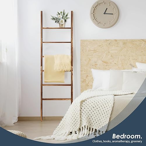 Miniatura 7 de Escalera de madera para manta de 6 niveles, 5.7 pies (66.5 pulgadas), soporte para toallas y mantas, escalera decorativa, fácil montaje, estante