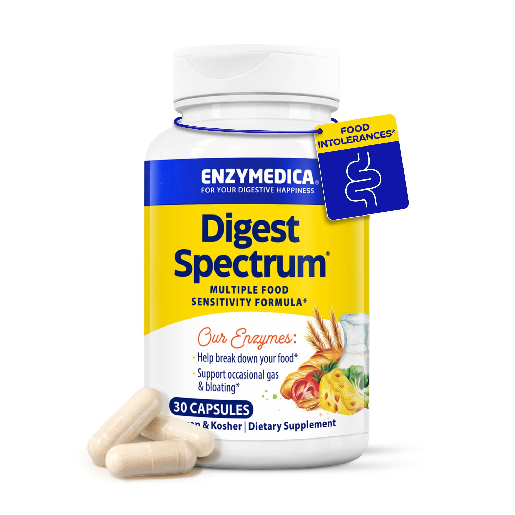 Enzymedica Digest Spectrum, Advanced Digestive Enzymes for Women and Men, Supports Digestion and Multiple Food Intolerances, Fast-Acting Formula for Gas and Bloating Relief, 30 Capsules
