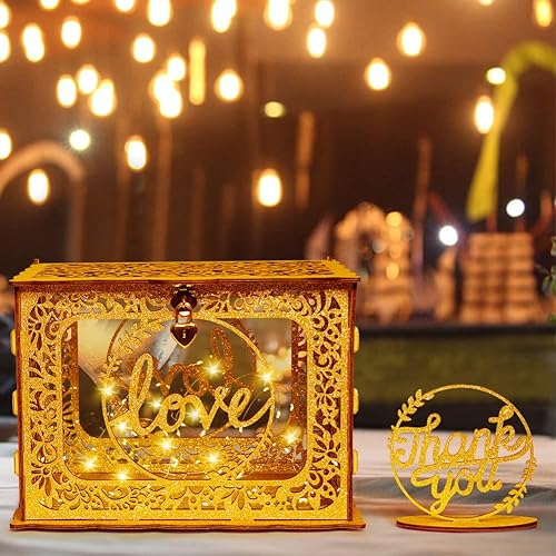 OurWarm Caja de Tarjetas Dorada para Boda, Caja de Tarjetas de Boda de Madera con Purpurina con Cerradura de Corazón y Luces Decorativas, Caja de