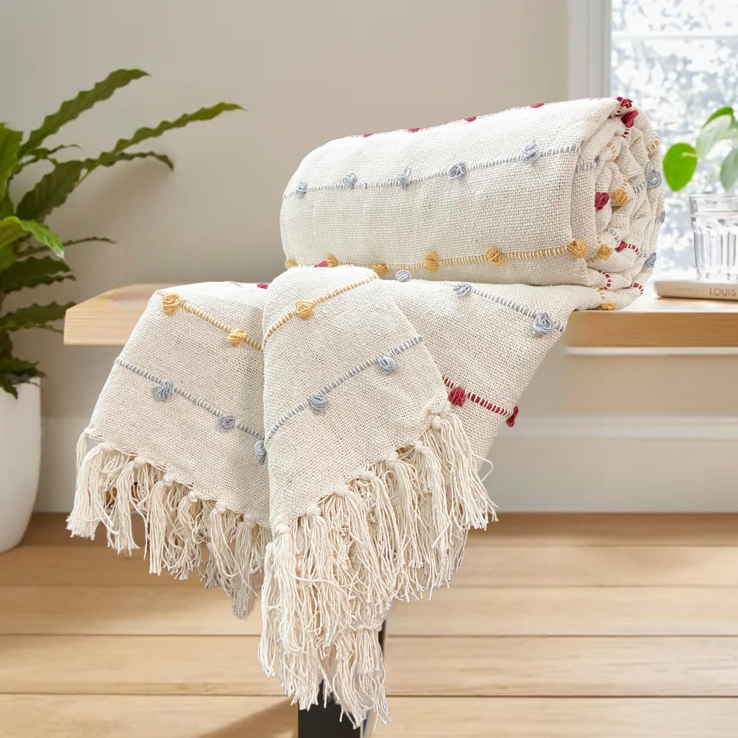 SAJAVAT HOME Hand-Knitted Pure Cotton Throw | 80x52 Inches/204x132 Cm | Decorative Large Throw for Sofa, Bed, Chair & Travel - Ideal for Gifting | Beige Multi with Tassels | Pack of 1