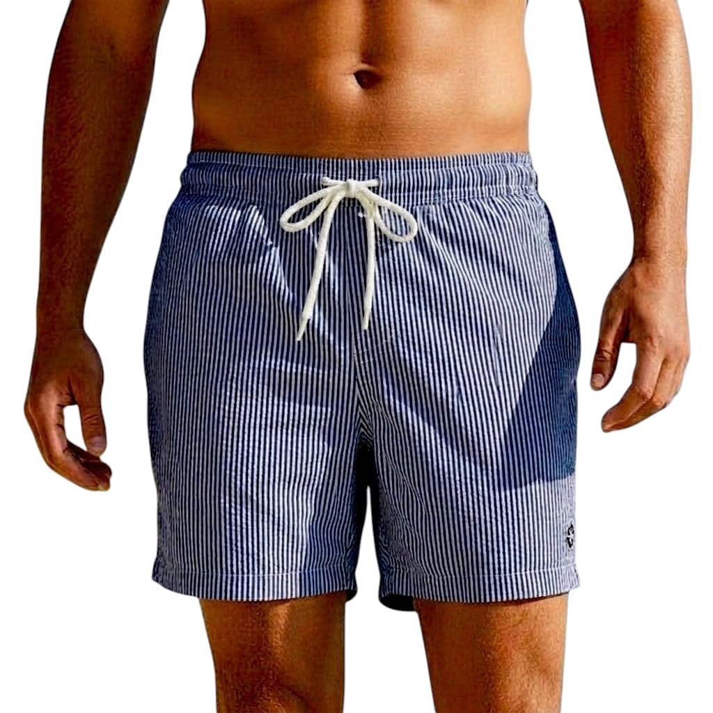 Short de Bain Homme Rayé Oslo | Maillot de Bain Style Marin Bleu et Blanc | Séchage Rapide, Doublure Filet et Poche Velcro. Taille M ou L