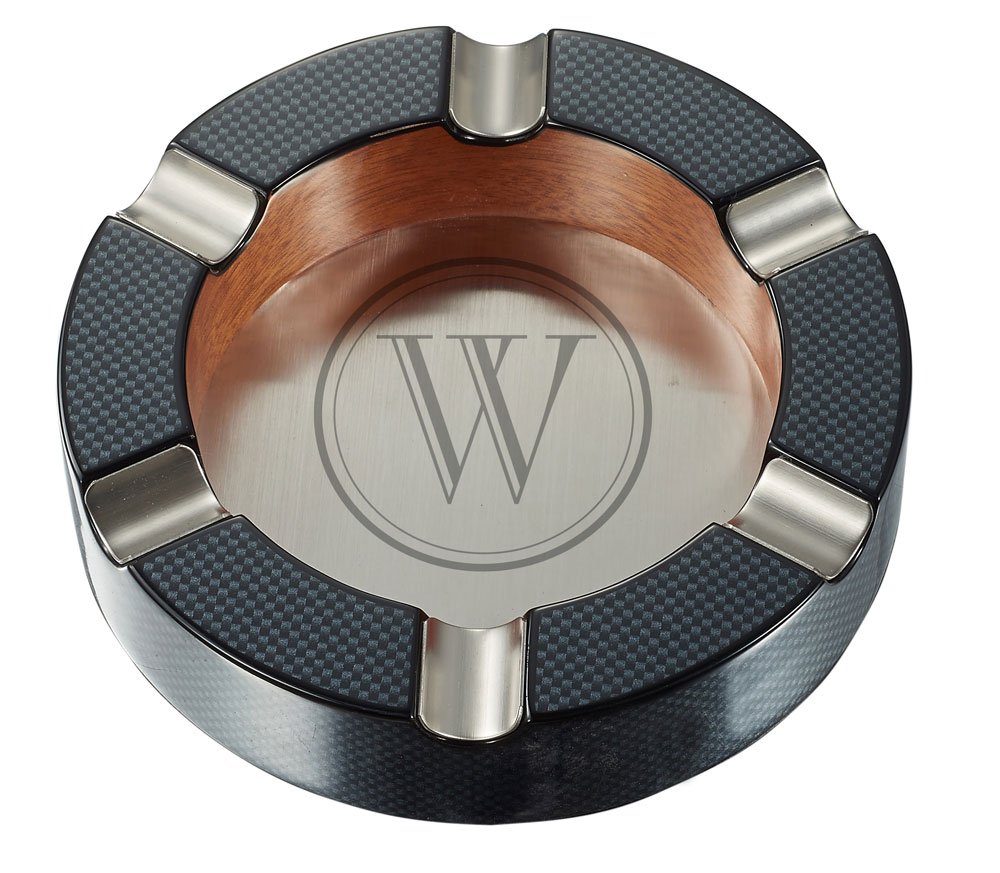 Visol Tyrus Carbon Fiber Round Cigar Ashtray with Personalized Laser Engraving of Initial