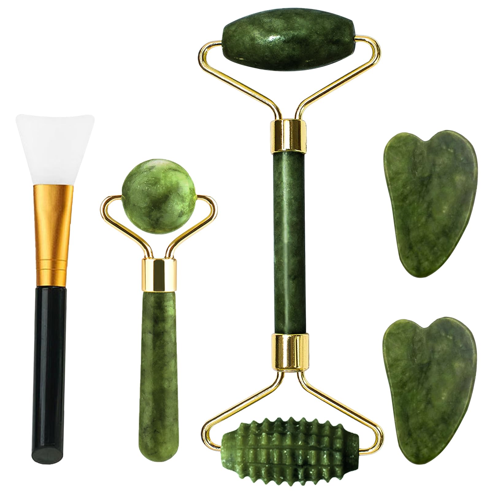 5 Pieza Rodillo de Jade Gua Sha Jade Autentico Jade Roller Facial Guasha Para el Masaje Facial Kit Rodillo Para Ojos, Cara, Cuello Herramientas de Belleza para el Rostro