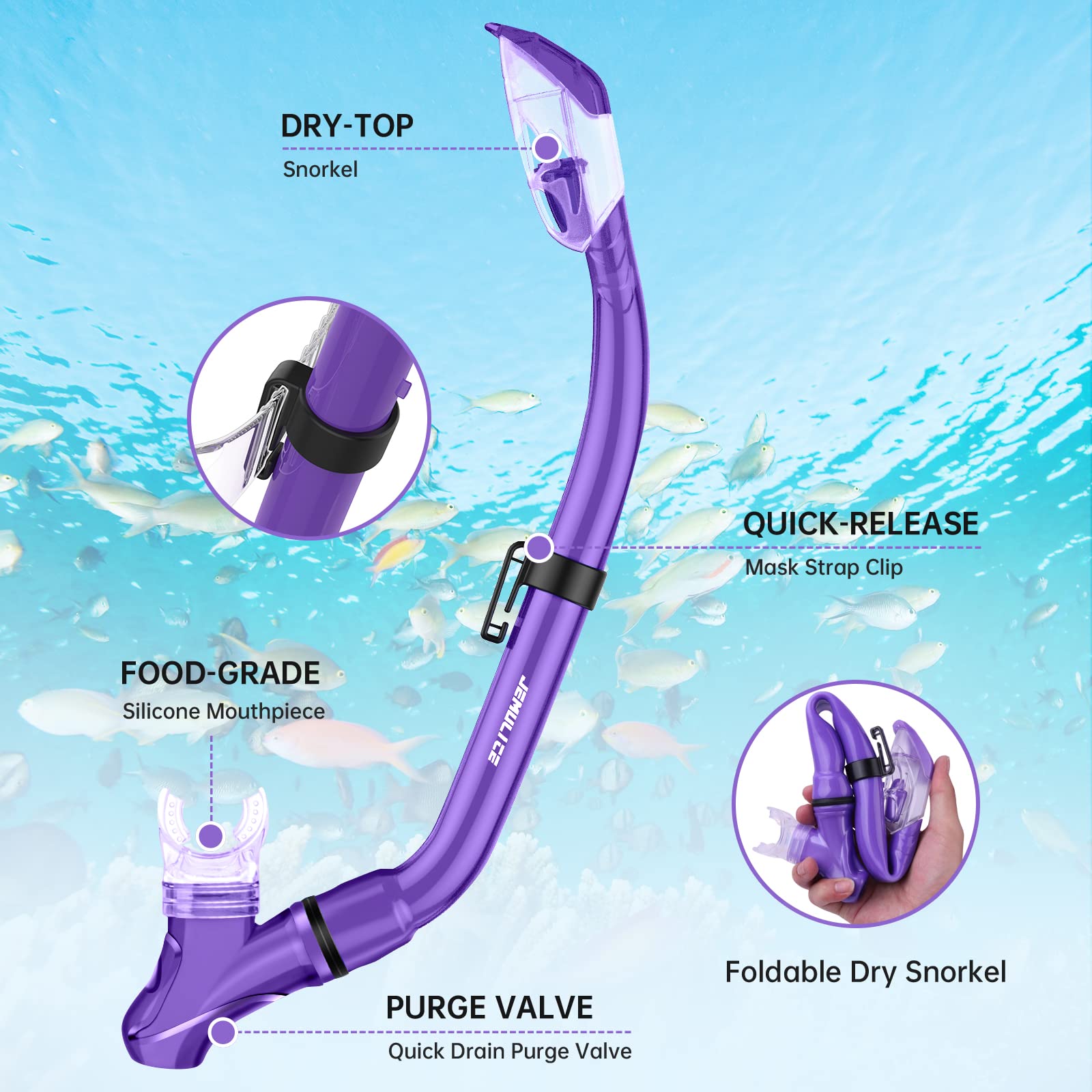 JEMULICE Maschera Subacquea Bambini, Set da Snorkeling per Bambini con Tubi a Secco e Occhiali da Snorkeling Anti-Fog Panoramica a 180 Gradi, Snorkel Set, Maschera Snorkeling per Bambino e Adolescenti