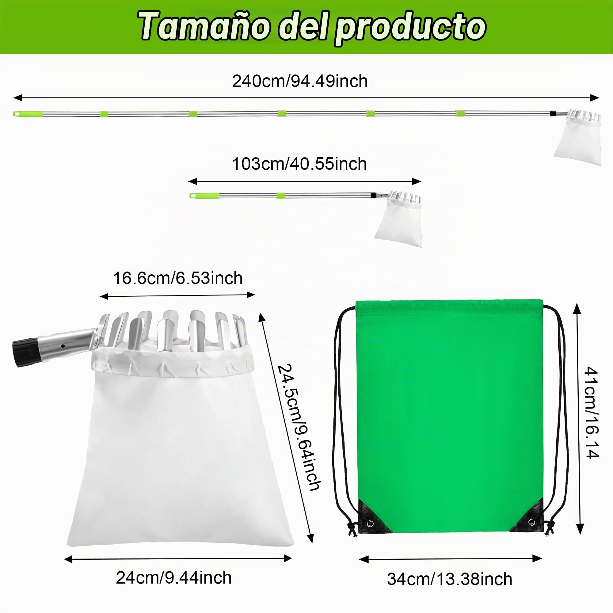 Recolector De Frutas Telescópico De 2.4 M Con Bolsa De Tela, Para Manzanas, Naranjas Y Más, Mango Antideslizante Y Plegable