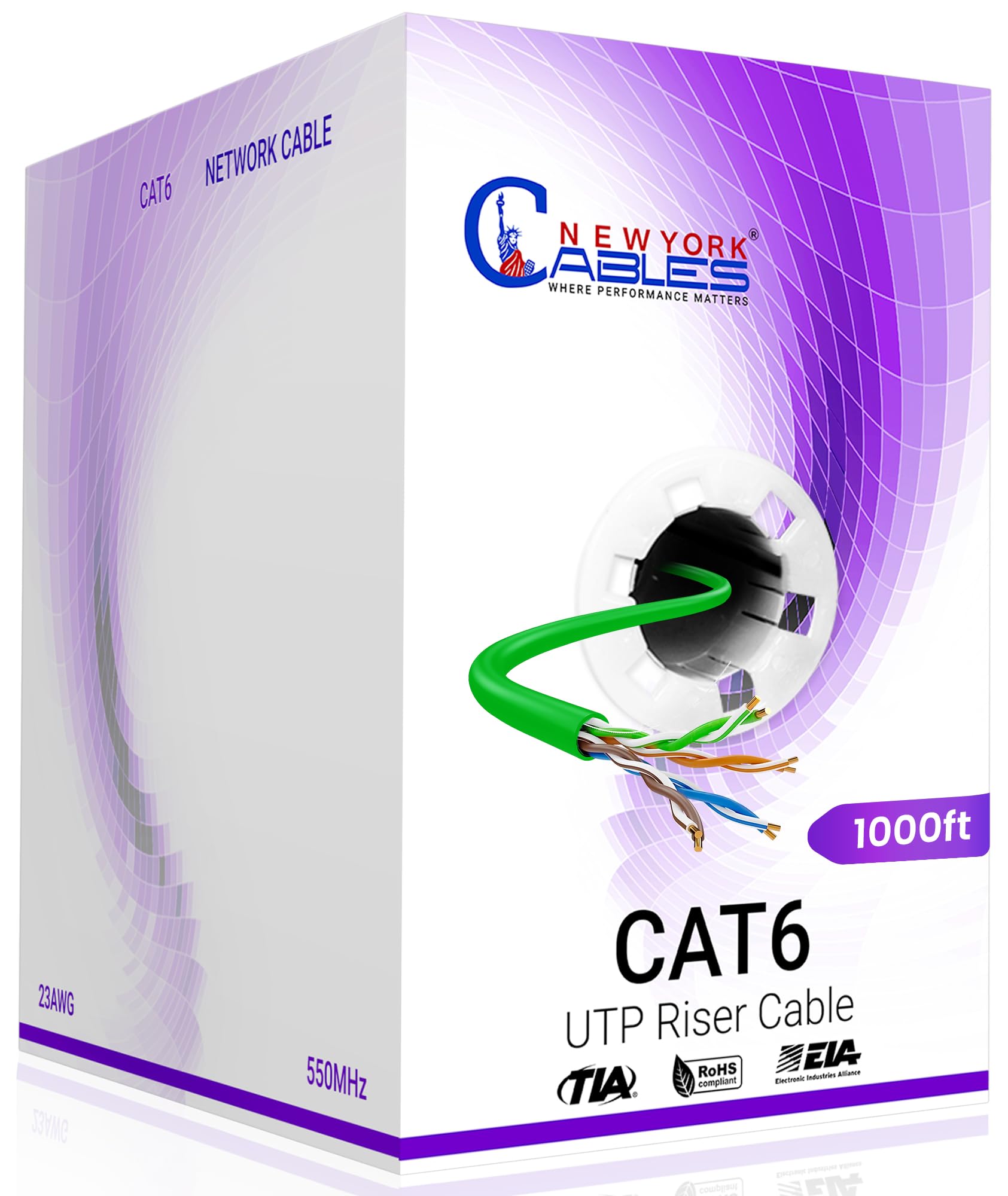 NewYork Cables Cavo Ethernet Cat6 1000 ft, Bulk Riser Classificazione CMR, 23AWG Solid CCA, UTP 4 paia, 550 MHz, Cavo LAN di rete ad alta velocità da 10 Gbps, Pull-Box resistente, verde