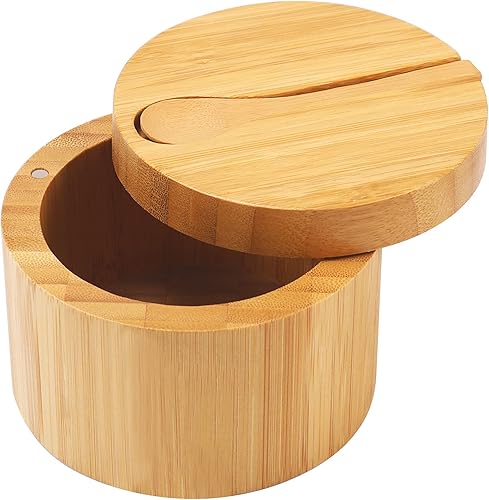 HTB Bodega de sal de bambú con mini cuchara, caja de sal de cocina con tapa giratoria de cierre magnético, recipiente redondo de sal para almacenar