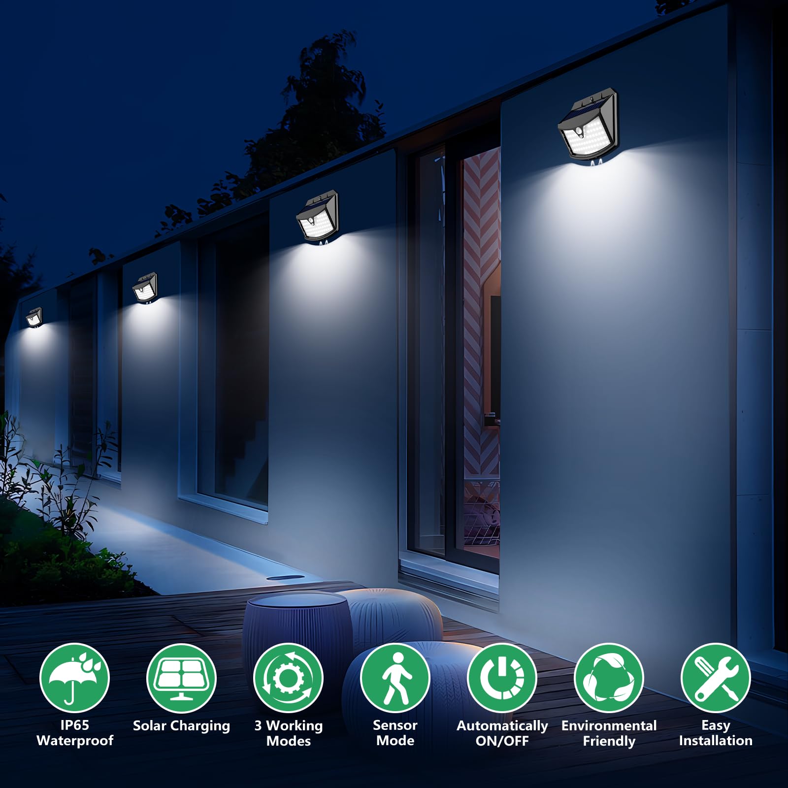 Faretto Led da Esterno Solare【4 Pezzi】, 3 Modos Luci Solari da Giardino con Sensore di Movimento, IP65 Impermeabile Lampade Solari a Led da Esterno per Giardino, Parete, Garage, Davanti alla Porta