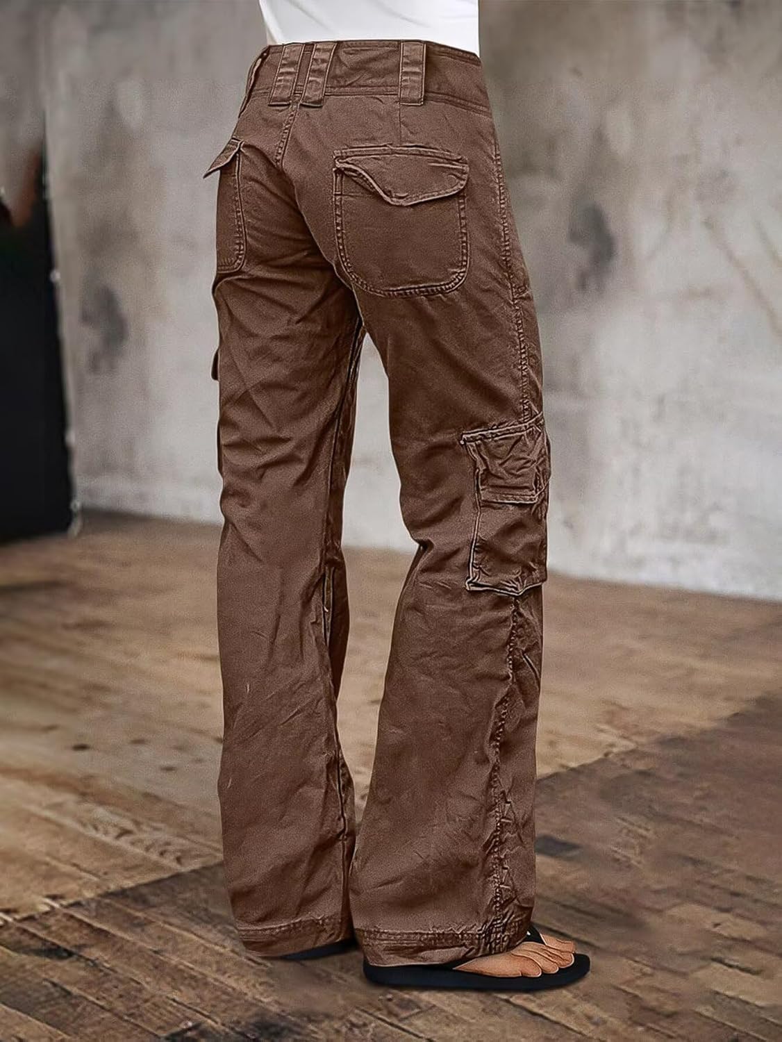 Flamingals Womens Vintage Washed Cargo Pants Mid Waist Wide Straight Leg Flap Pocket Seam Front Streetwear Trousers Pants - Image 2