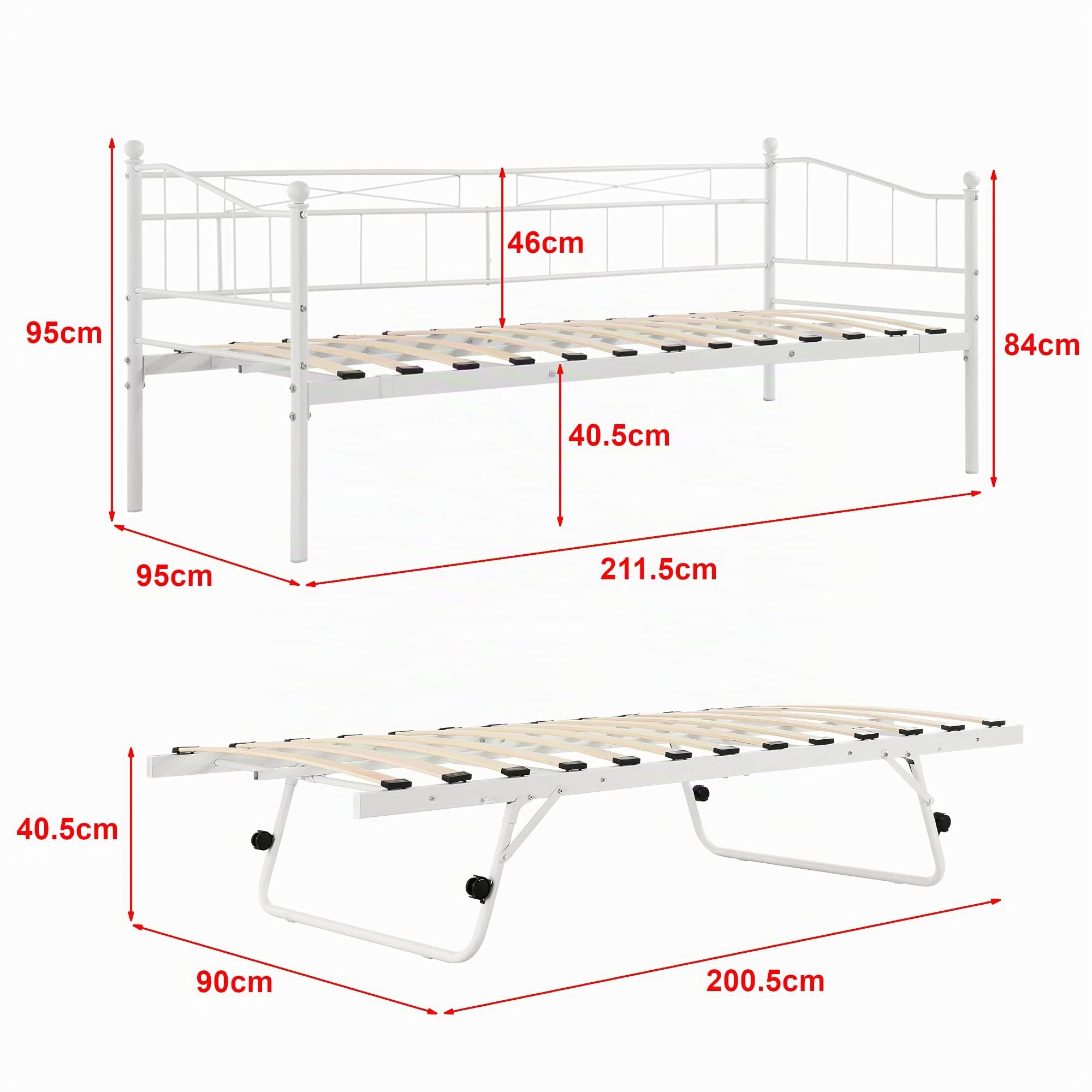 [en.casa] Metall Tagesbett Skutskär 90x200cm Bettsofa mit ausziehbarer Liege Schlafsofa Kojenbett Weiß