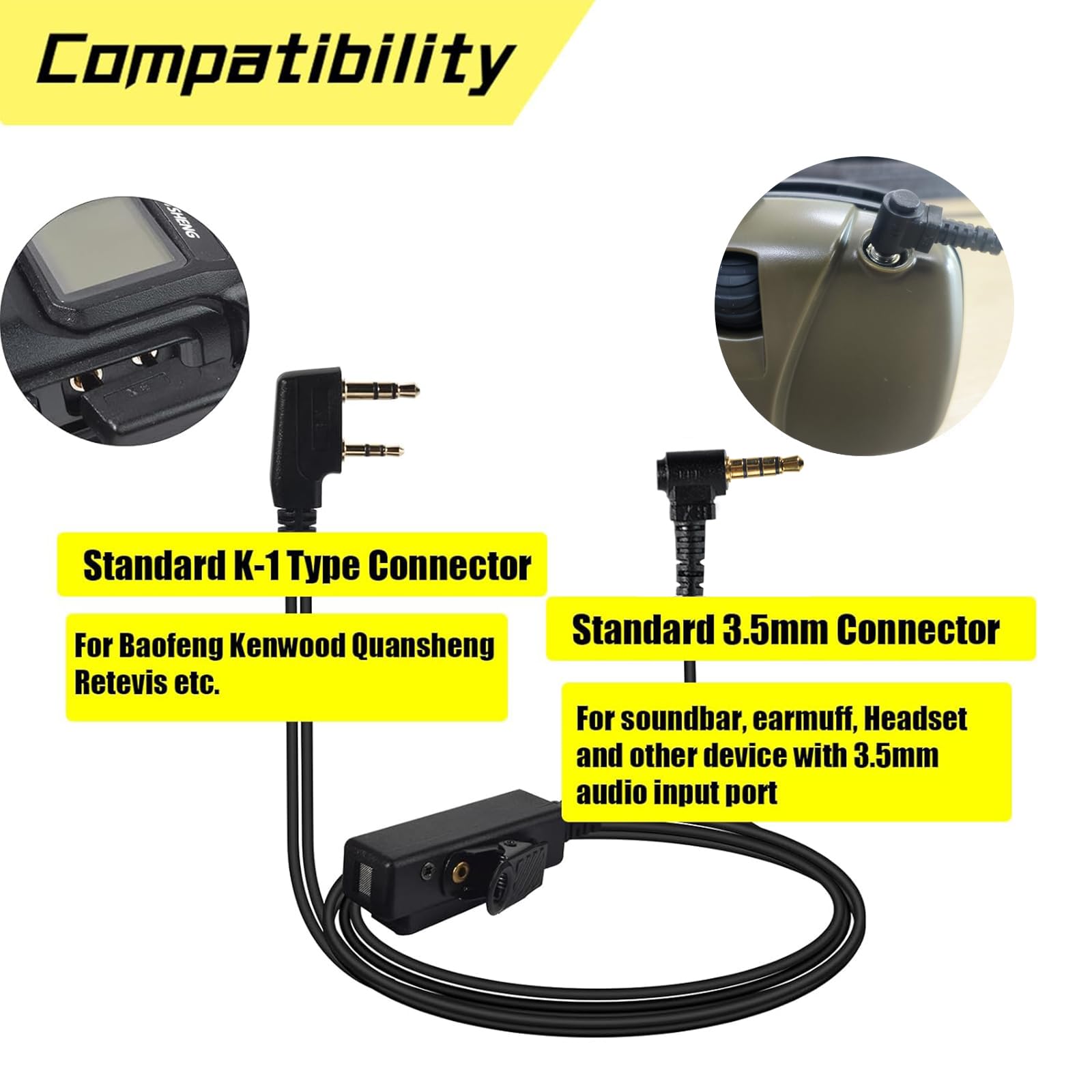 Cavo Audio Universale da 2 Pin a 3.5 mm 90° con PTT, Compatibile con Baofeng UV-5R 777 888S Kenwood TH-22AT TK-3100 Quansheng K5 TK-11 e Cuffie con Microfono a Ingresso 3.5 mm
