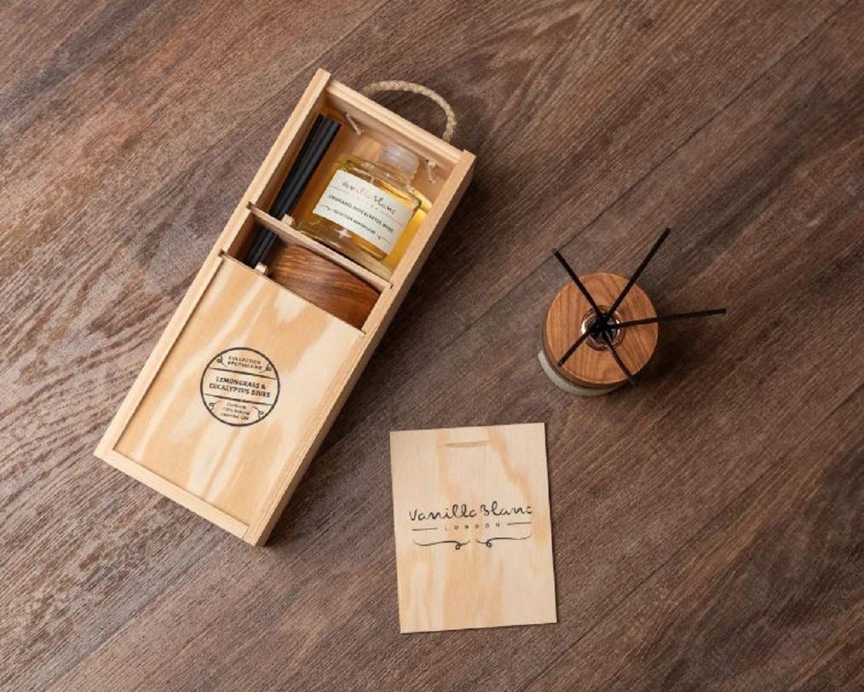 Vanilla Blanc Naturalny trzcinowy dyfuzor i świeca zestaw prezentowy zamknięty w podpisie ręcznie wykonane drewniane pudełko (trawa limonowa i eukaliptusowa)