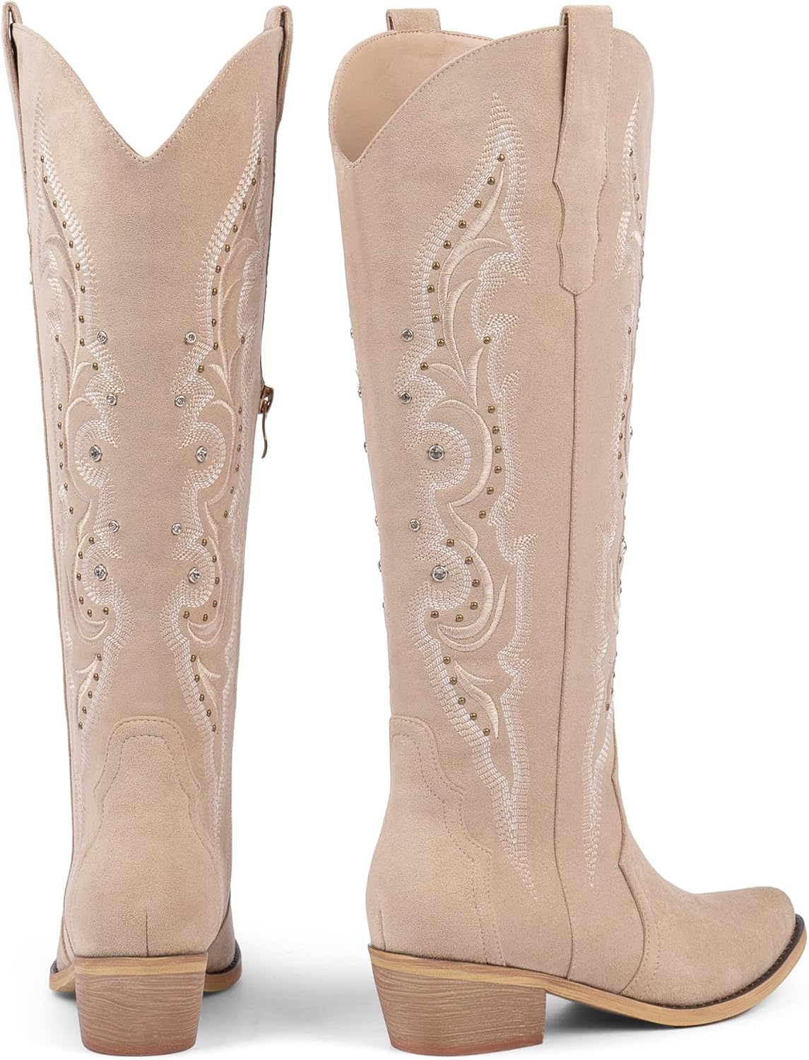 Knee High Cowboy Boots for Women Rhinestone Cowgirl Boots, Trendy Embroidered Western Boots with Almond Toe Side Zipper and Chunky Heel
