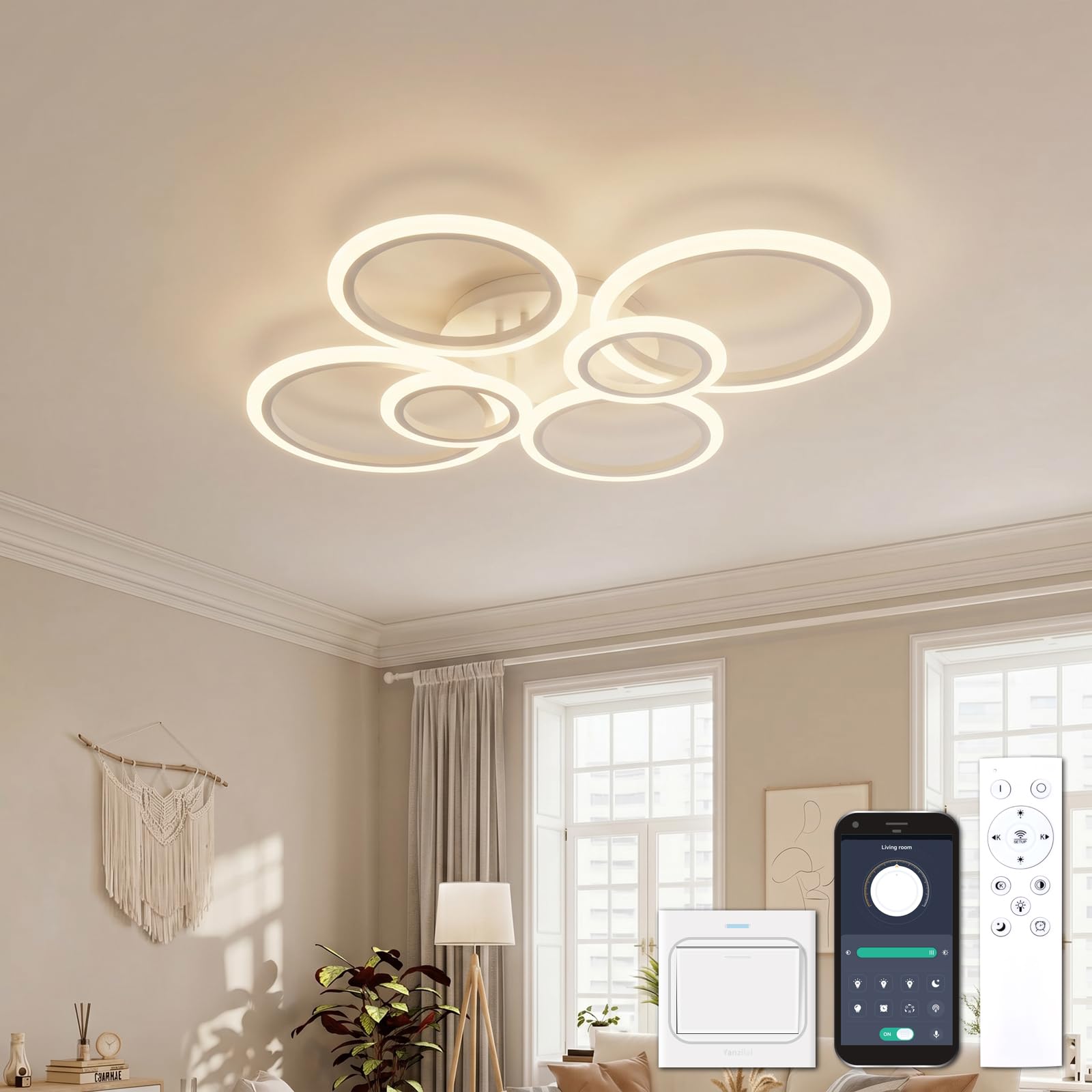 Chandeliers Ceiling Light with Remote Control & APP, LED Light Fittings Ceilings with 6 Rings, Dimmable, Light Memory with Timer, Modern Ceiling Lights Living Room Hall Lounge Bedroom, White