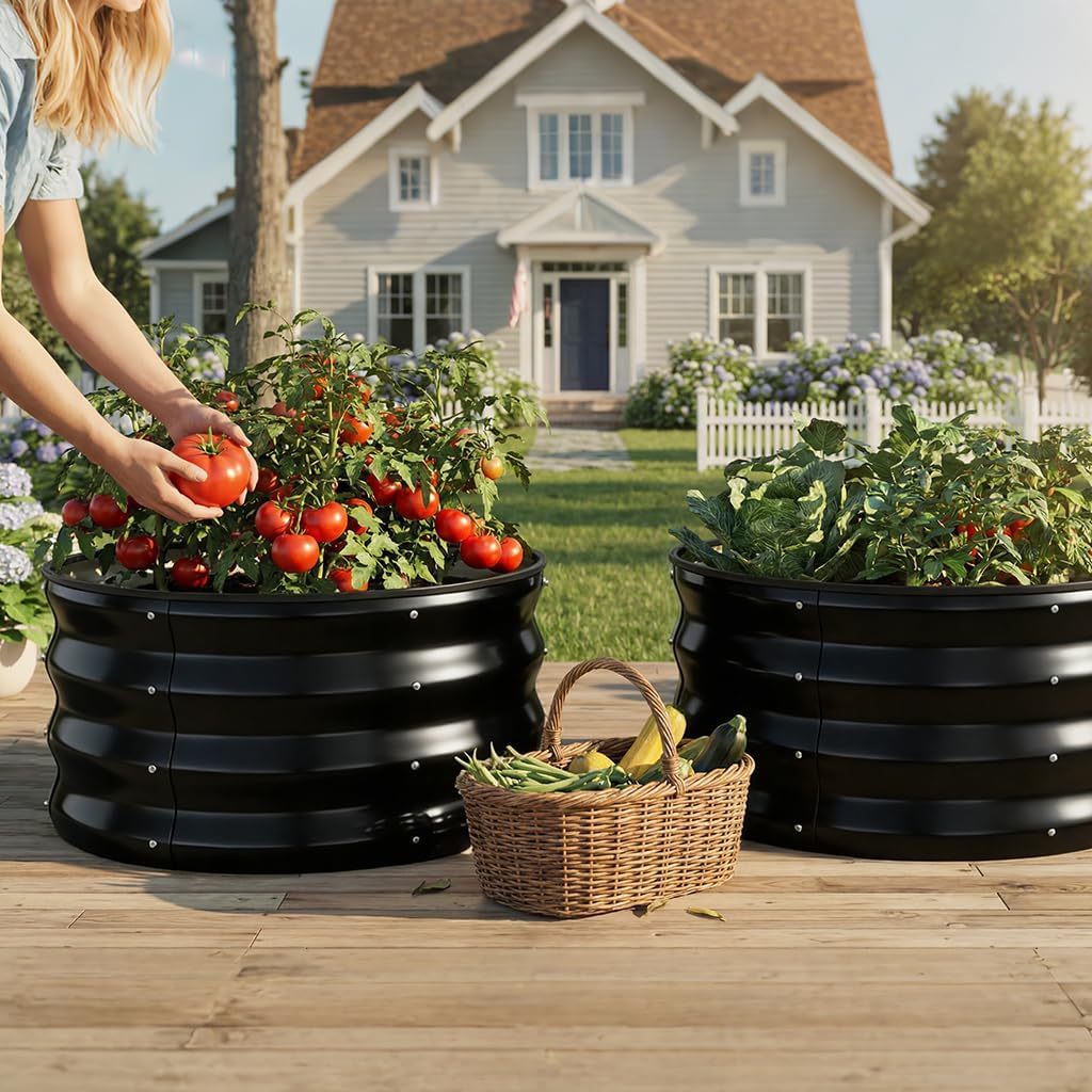 COMHOMA 2 Pack Round Raised Garden Bed 2x2x1ft,Galvanized Metal Planter Box Kit for Outdoor Gardening,Vegetable Flower Herb Growing Beds with Gloves Tools,Black