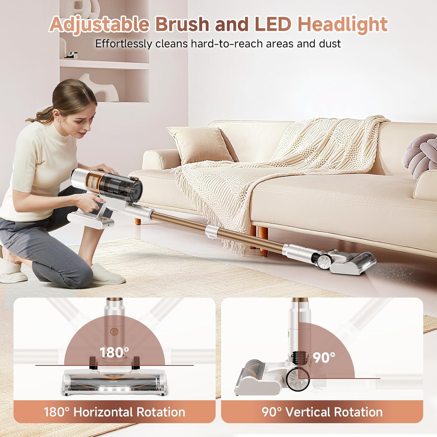 Cordless Vacuum Cleaner: Portable 6-in-1 Stick Vacuum with Anti-Tangle Brush, LED Headlight, Self-Standing, HD Display, Rechargeable Vacuum for Pet Hair, Low-Pile Carpet and Hardwood Floor-Off White