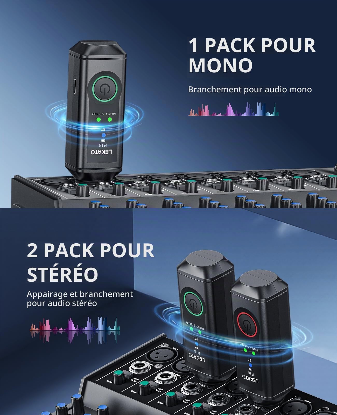 LEKATO Récepteur audio stéréo P16 XLR avec 15 heures de lecture, récepteur Bluetooth Hi-Fi avec portée de 50,3 m pour systèmes PA et DJ, mixeurs