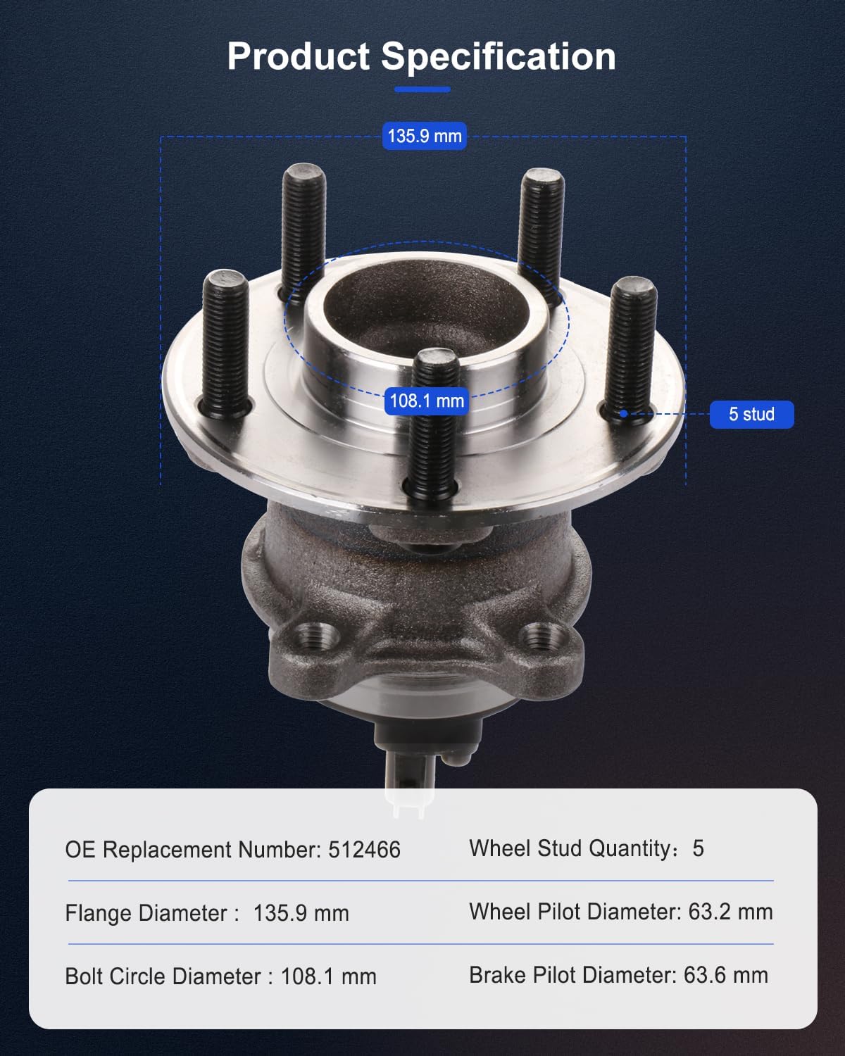 ECCPP Wheel Hub and Bearing Assembly Rear 512466 fit for Ford Focus 2012-2015, for Ford Focus 2016-2018 5 Lugs Wheel Bearing Hubs with ABS 2pcs