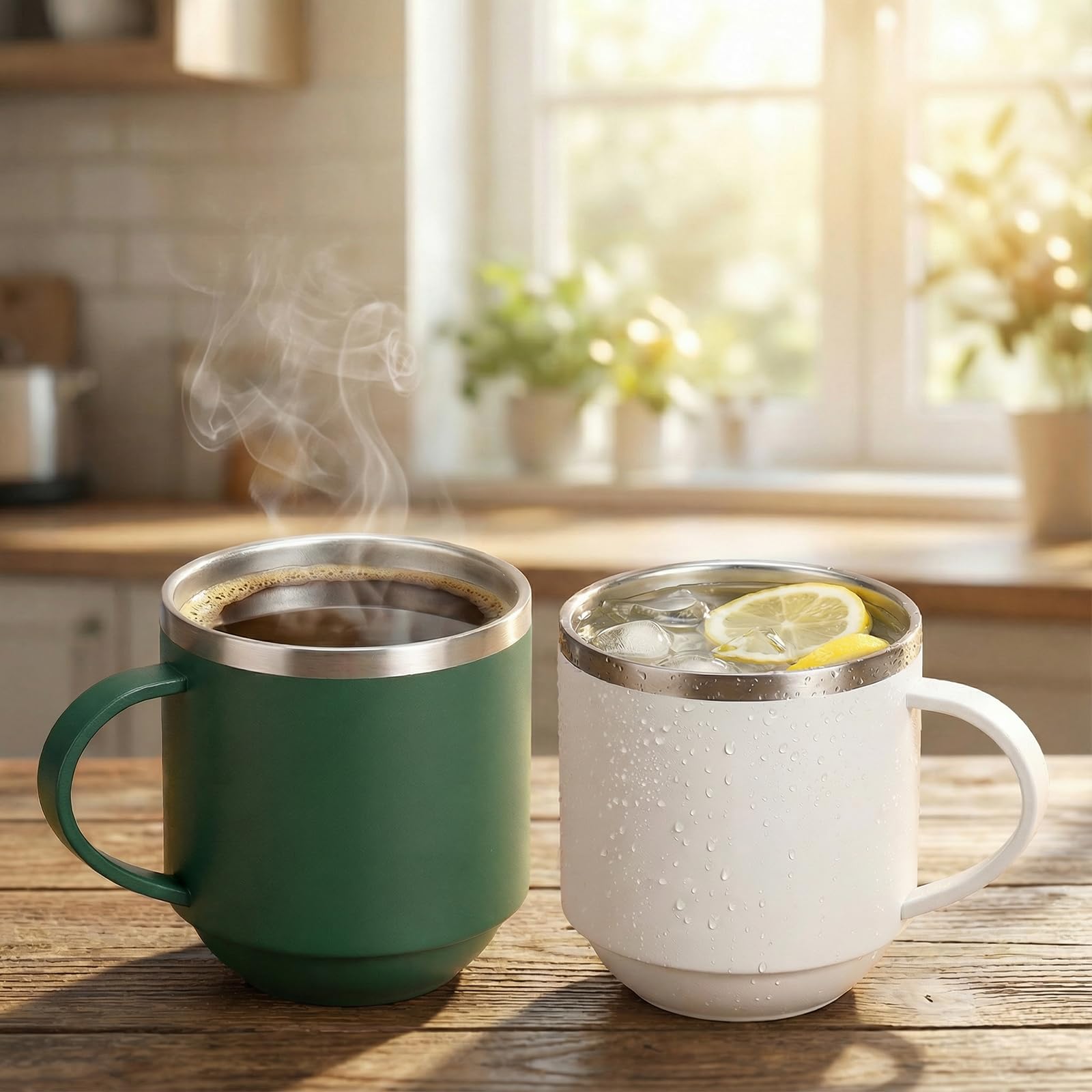 Thermobecher mit Henkel, 350ml Isolierbecher mit Griff und Deckel, Thermo Kaffeebecher to go, Doppelwandige Thermotasse aus Edelstahl, Spülmaschinenfest (Grün) Küche, Haushalt & Wohnen