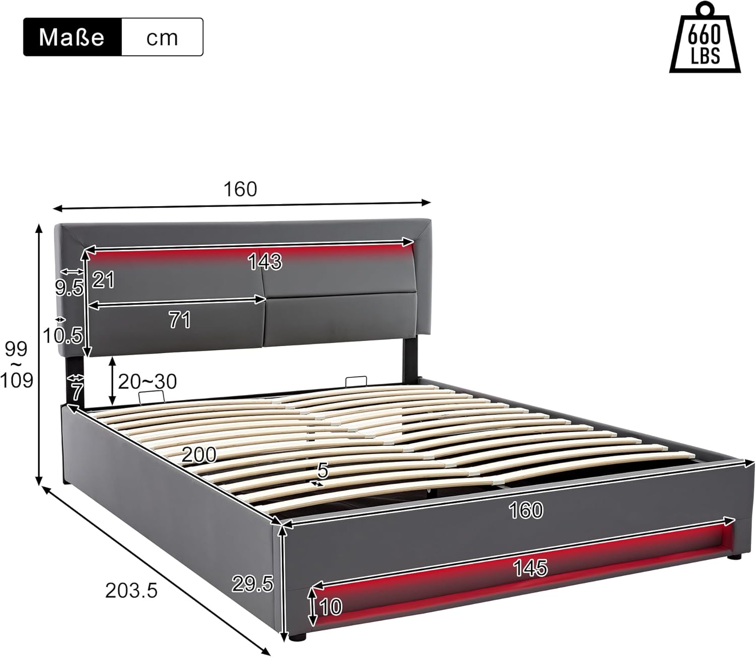 Diagram showing the dimensions of the Sapgaks 160x200 cm bed frame