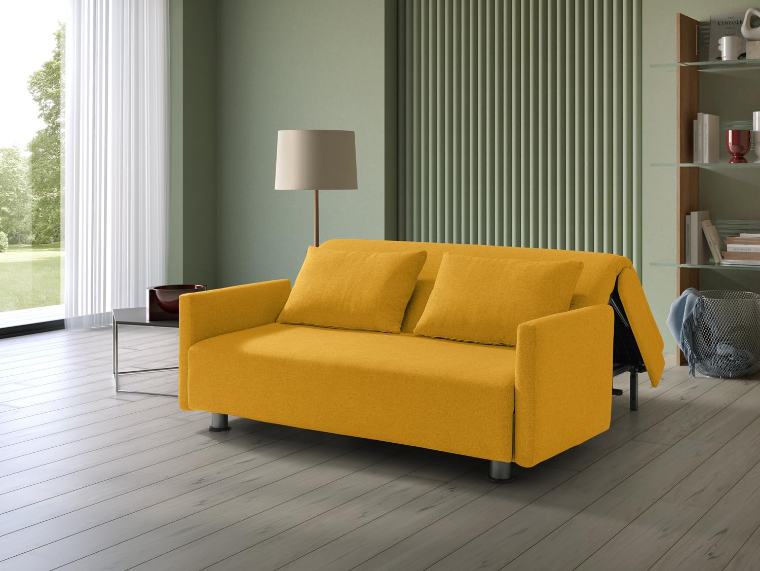 EVERGREENWEB Canapé-lit 2 Places Convertible en Lit avec Matelas 140x190 Effet Massant 0rthopédique, Extensible Sofa Bed Pliable, Housse Déhoussable et Lavable Couleur Jaune, 2 Coussins Inclus | EDITH