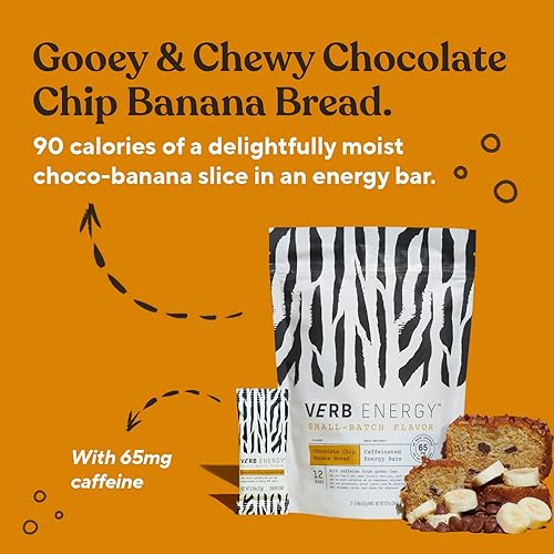 Miniatura 3 de Verb Chocolate Chip Banana Pan Cafeinated Energy Bars 90 calorías baja en azúcar Barras nutricionales Snacks veganos Barras de desayuno sin