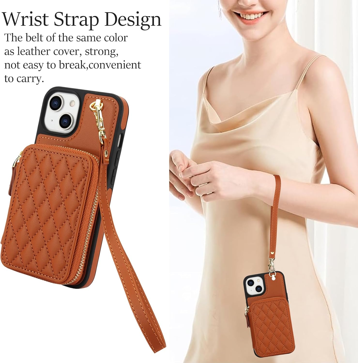 Asuwish Phone Case for iPhone 15 6.1 inch Wallet Cell Cover with Tempered Glass Screen Protector Wrist Crossbody Strap Stand RFID Blocking Credit Card Holder TPU i Phone15 i15 15Case Women Girls Brown