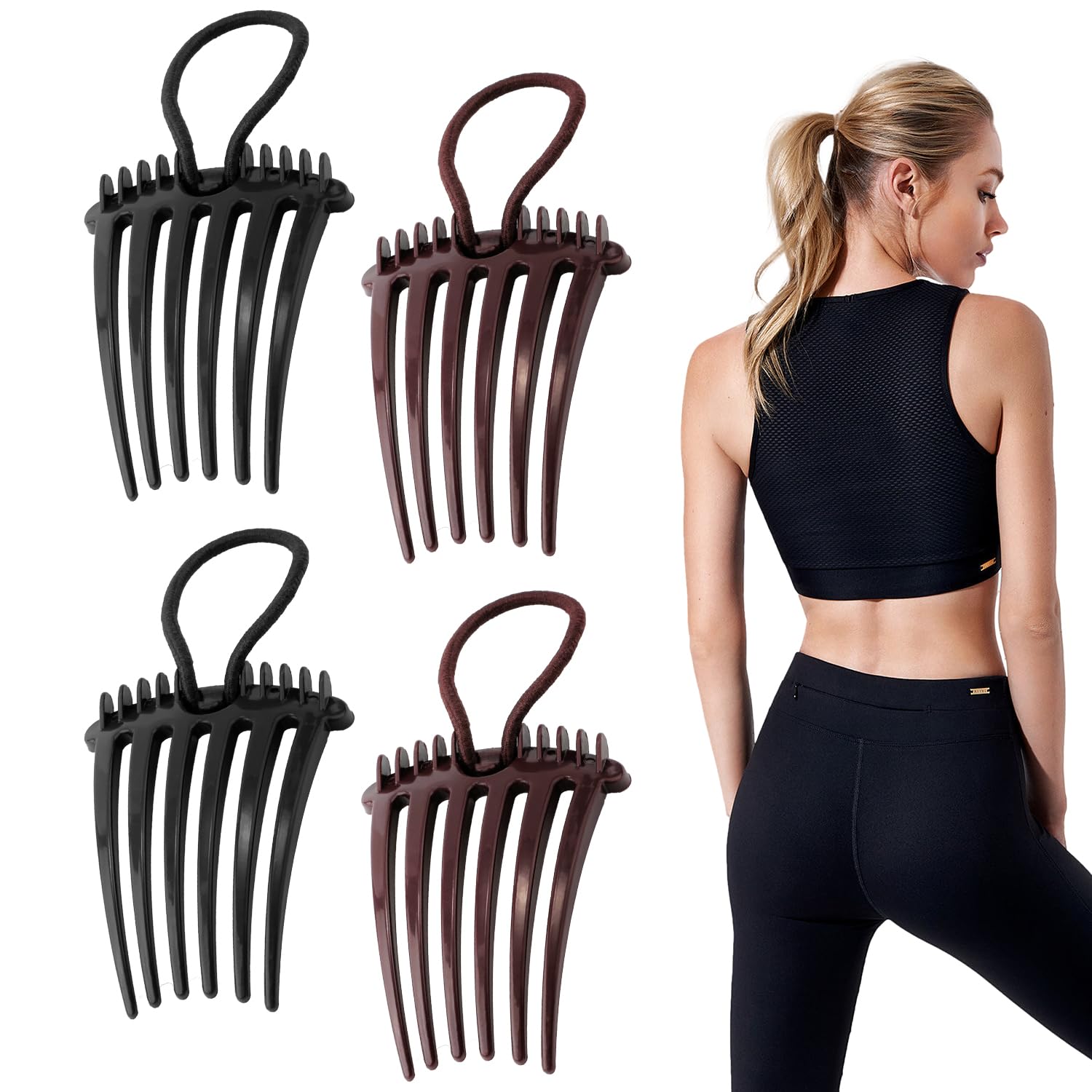 4pcs Bandette Comb with Elastic Band, 3.1x2.6 Inch Fluffy Hair Comb Ponytail Hair Comb Volume Inserts Combs Bump it up Hair Combs for Hair Styling Accessories (Black, Brown)