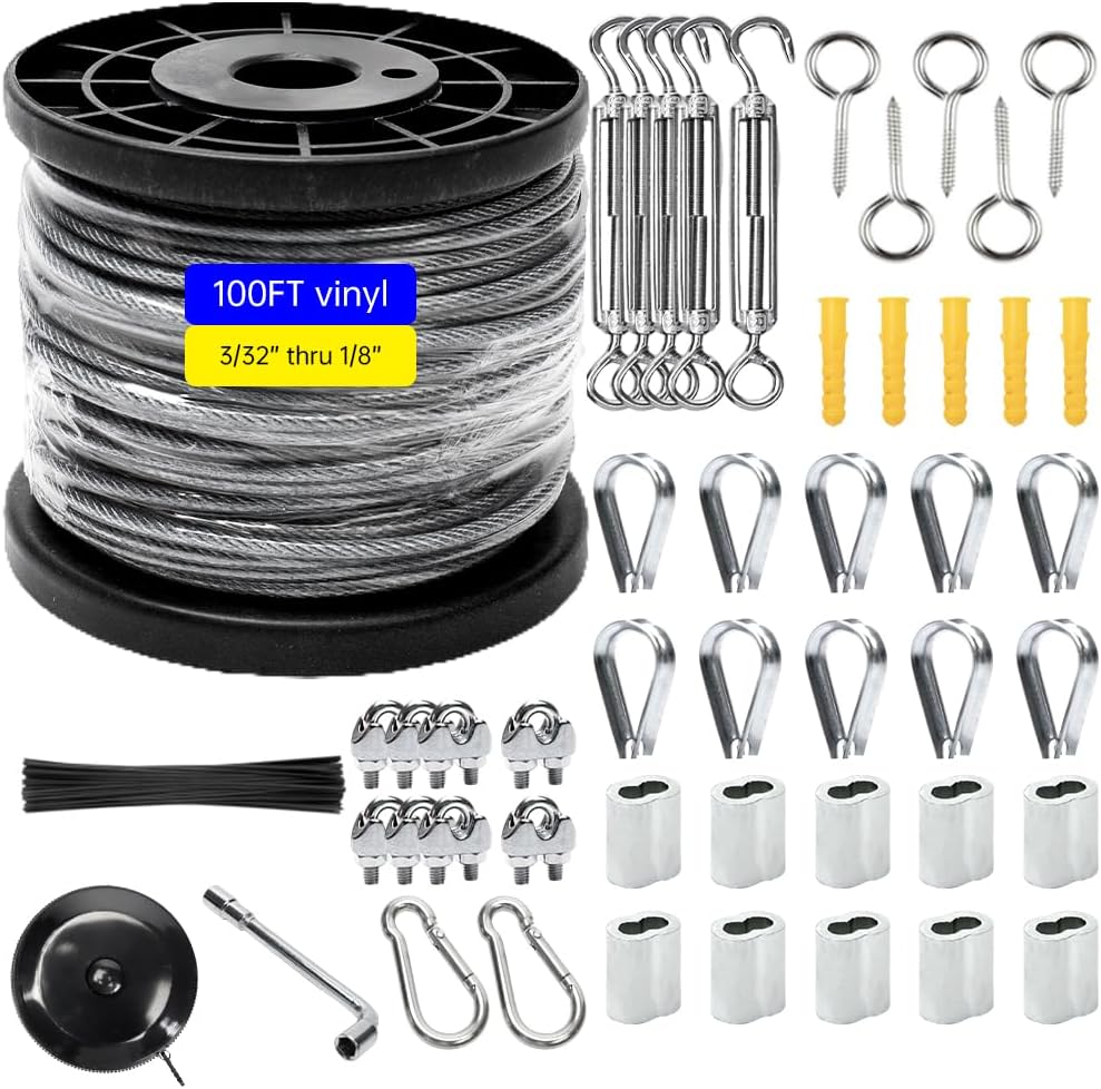 FHTDW 1/8" Wire Rope Kit, 100FT String Light Hanging Kit, Turnbuckles for Cables Wire, Vinyl Coated Stainless Steel Cable Wire for Outdoor, Garden, Kitchen, Craft with Turnbuckle