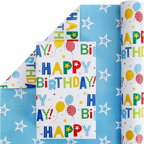 Miniatura 3 de CAMKUZON Rollo de papel reversible de regalo de cumpleaños para niños, niñas, hombres y mujeres, globos coloridos de letras de feliz cumpleaños y