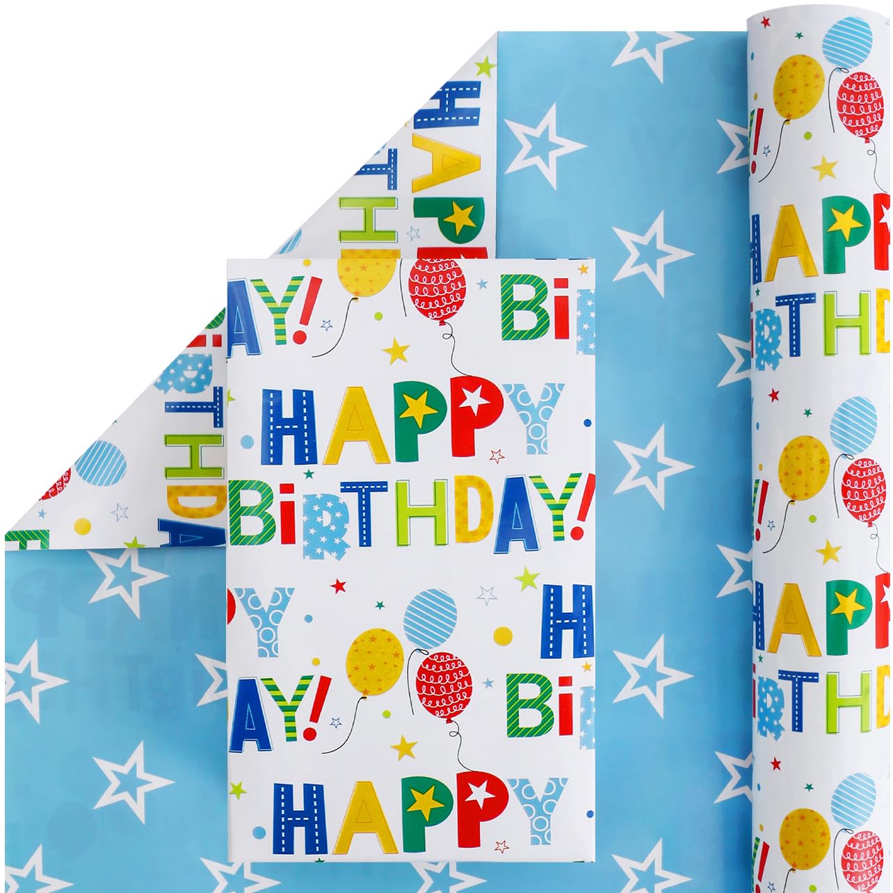 CAMKUZON Rollo de papel de regalo reversible de cumpleaños para niños, niñas, niños, hombres y mujeres, colorido diseño de globos y estrellas de feliz cumpleaños, papel de regalo para celebraciones de