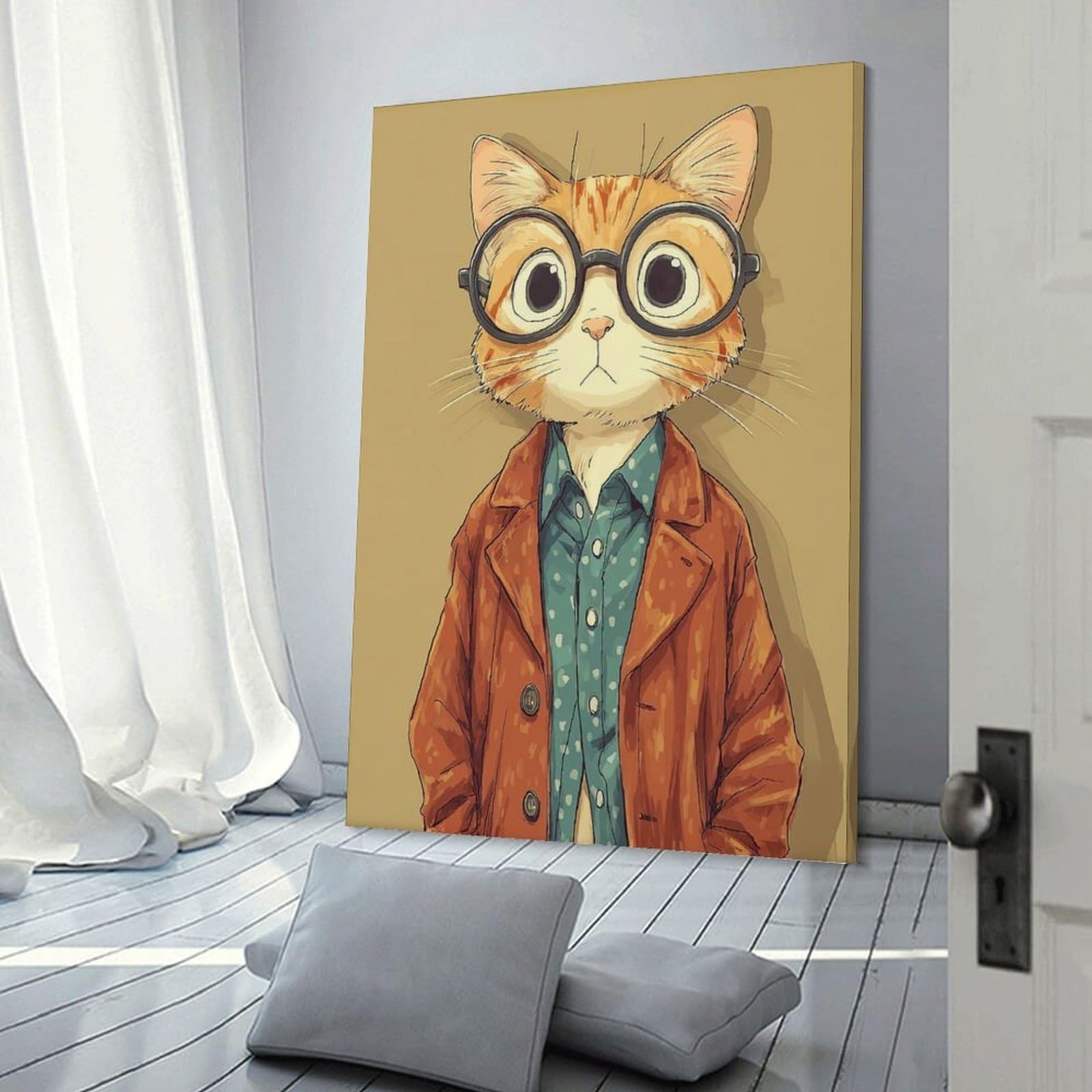 Junmoney Cat with Glasses And Coat Hanging Wall Art, 12x18inch(30x45cm), for Home Walls, Creative Rooms Or Shared Spaces, A Flexible Wall Accent for Shared Spaces