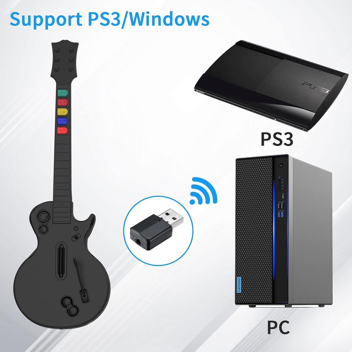 NBCP Controller Guitar Hero per PC e PS3, Chitarra Wireless per Guitar Hero 3/4/5 e Giochi Rock Band 1/2, Chitarra Guitar Hero con Tracolla per Chitarra (Dieci Tasti/Nero)