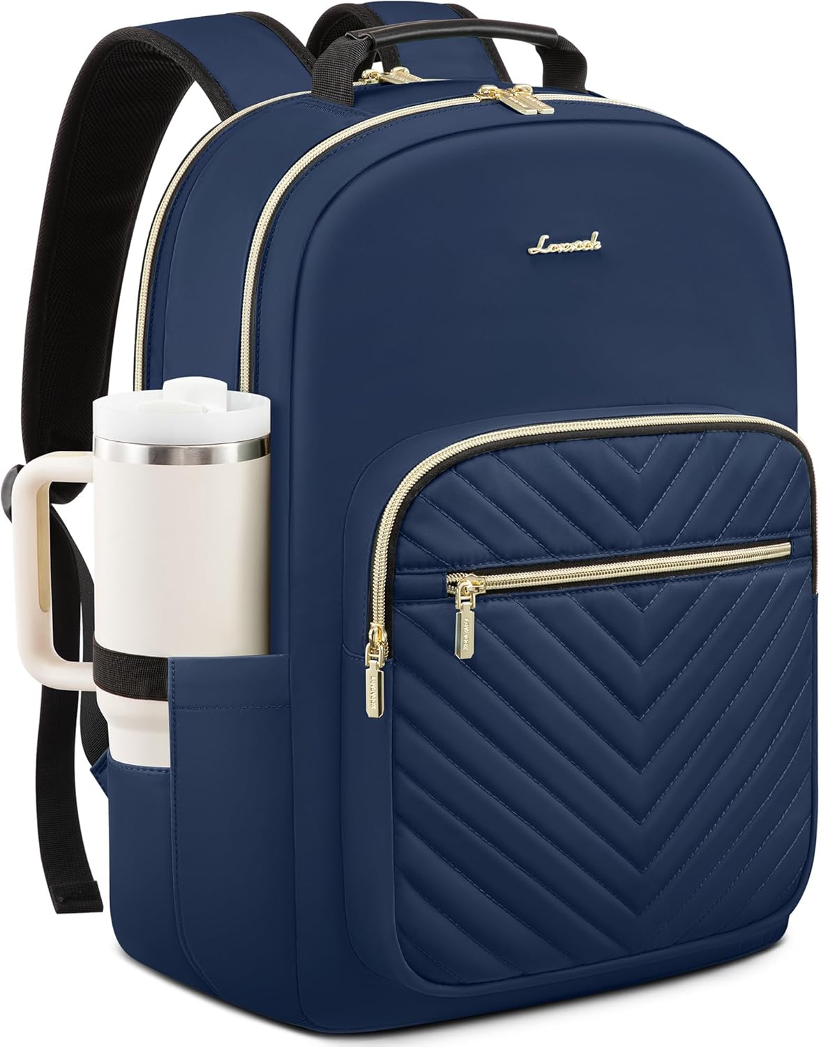 LOVEVOOK Laptop Backpack for Women with Giant Tumbler Holder 15.6 inch,Designer Travel Backpack Laptop Bag College Backpack,Quilted Work Nurse Teacher Backpack Purse Computer Bag Daypack,Navy Blue
